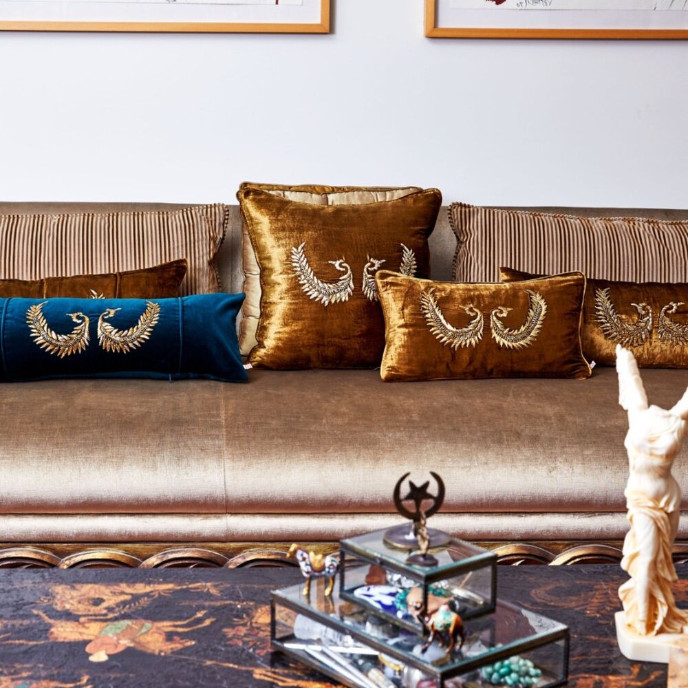 Handmade Accent Pillow with Gold Embroidery